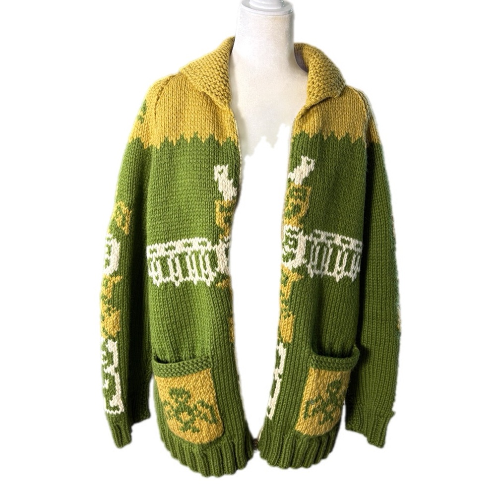 Vintage Cowichan Sweater Womens Size XL Green Totem Alaska Warm Heavy Cardigan - Picture 6 of 12